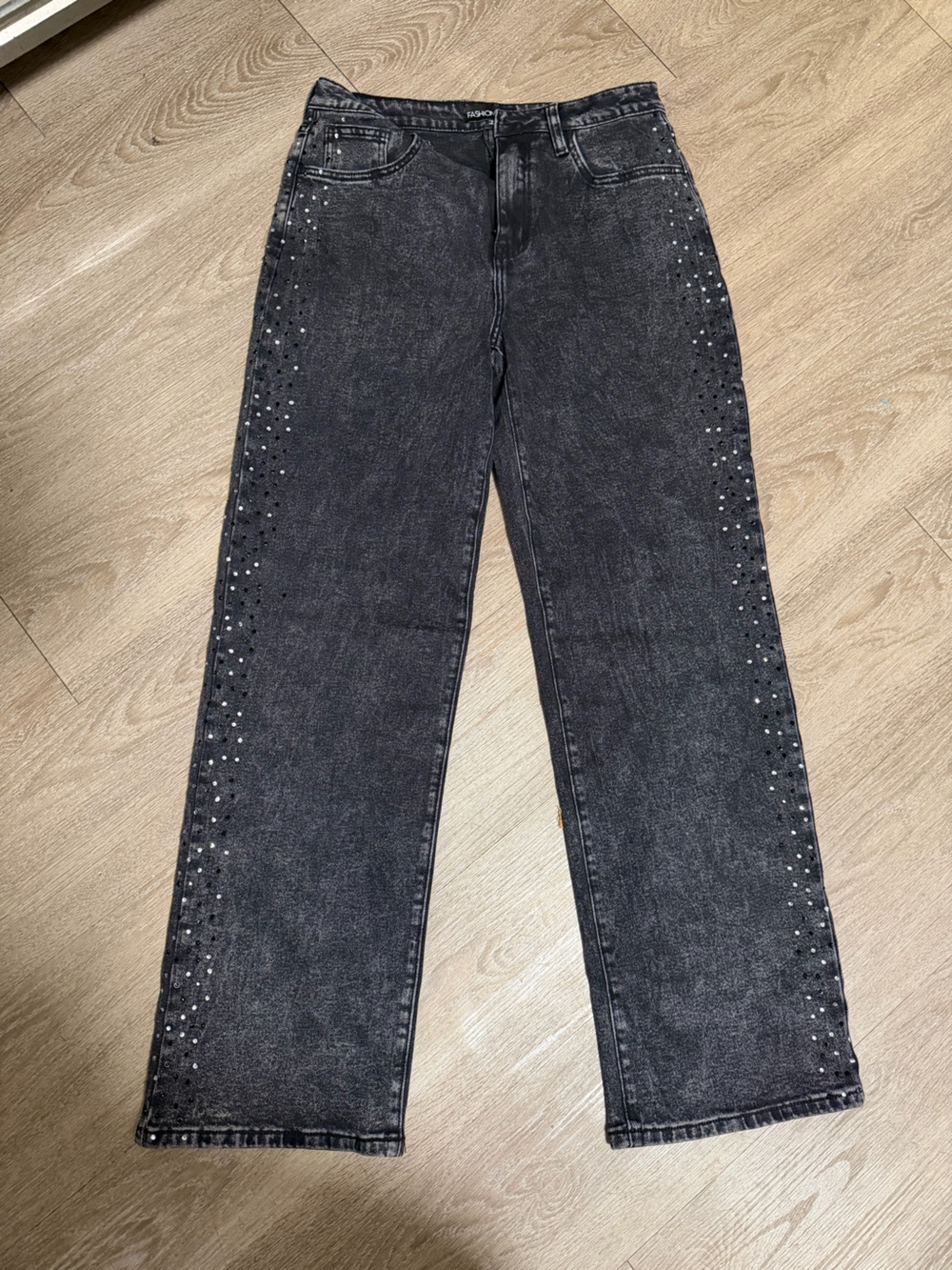 Fashion Nova Black Washed Straight Leg Jeans with Side Studs